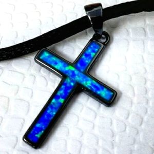Black Rhodium Plated Blue Lab Opal Cross Pendant 925 SS with Satin Chain NEW